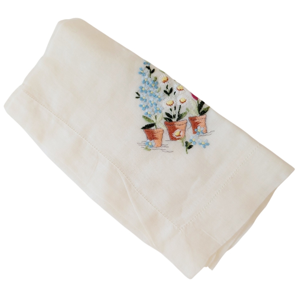 VINTAGE Hankerchief Embroidered Colorful Flowers Plants Cotton Blue Pink 13x13